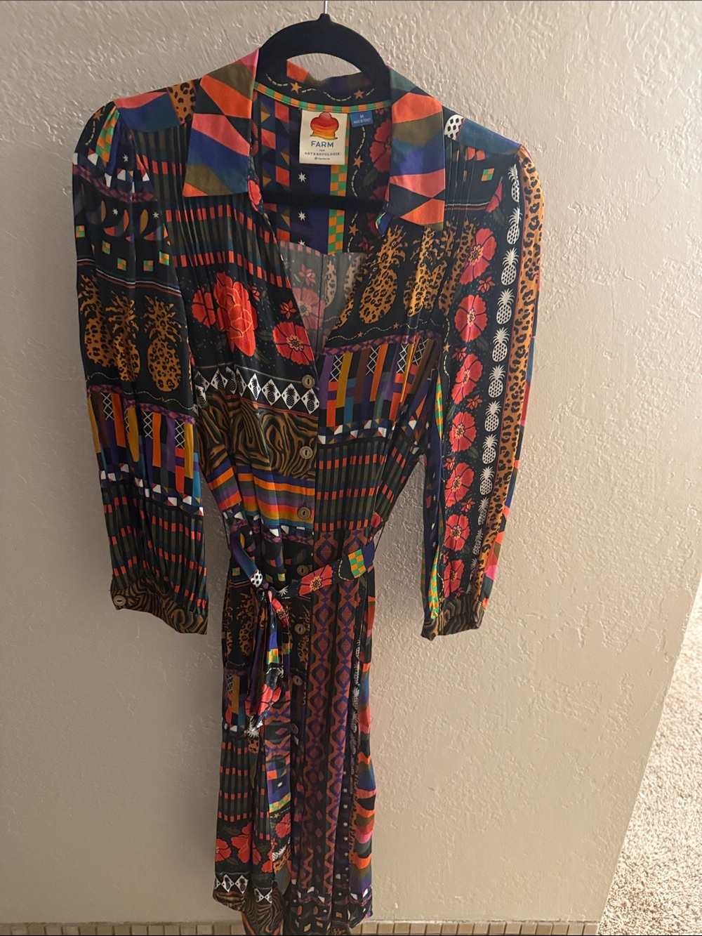 FARM Rio Black Multicolor Patchwork Print Long Sleeve Wrap Dress. Medium